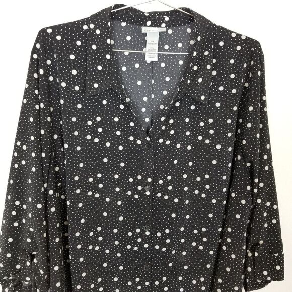 Catherine's Women Plus Polca Dot Button Up Shirt Sz 3X Black White 3/4 Sleeve - Picture 2 of 8
